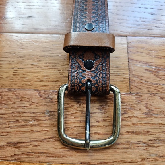 Brown & Black Tooled Leather Belt Size 42 - Picture 2 of 9